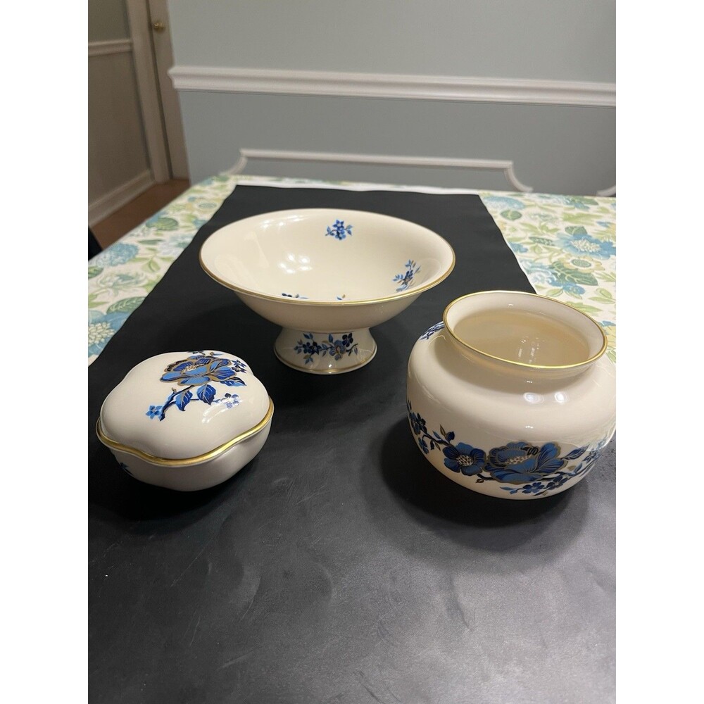 3 Lenox Blue & Gold Floral Pedestal Candy Bowl, Vase & Trinket Dish USA Pagoda